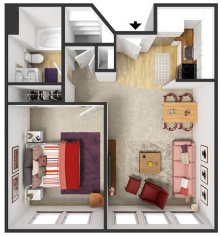 Floor plan for 1 bed, 1 bath, 575 sqft